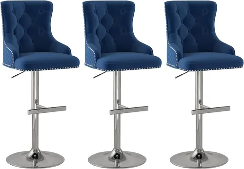 Vista 34 de Juego de 2 taburetes de bar de terciopelo, altura ajustable, base de metal dorado, beige Diseño de cabeza de clavo, función giratoria, ideal