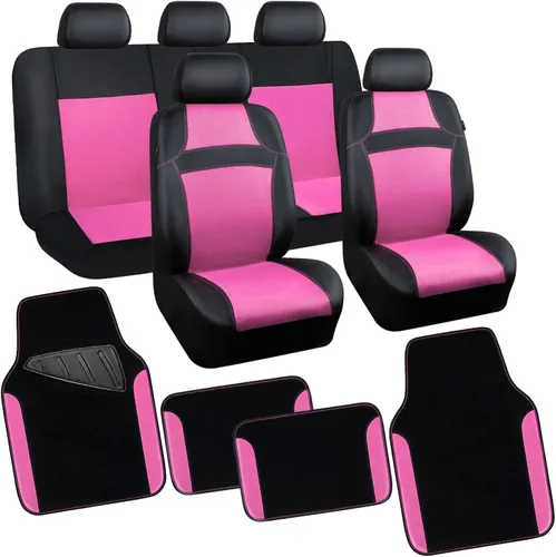 Vista 11 de CAR PASS Juego completo de fundas de asiento de automóvil de malla de aire 3D y 4 alfombrillas impermeables para piso de automóvil con esponja Gris
