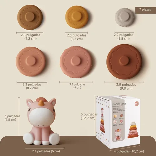 Vista 7 de Nueplay 7 piezas de juguetes para apilar y anidar para bebés, juguetes de dentición para apretar y círculo de construcción con figura de caballo