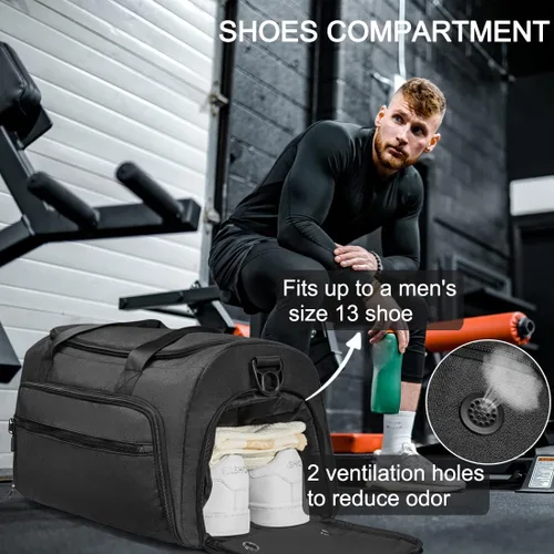 Vista 4 de Bolsa de gimnasio para hombres y mujeres, pequeña bolsa deportiva con bolsillo húmedo y compartimento para zapatos, bolsa de lona resistente al agua
