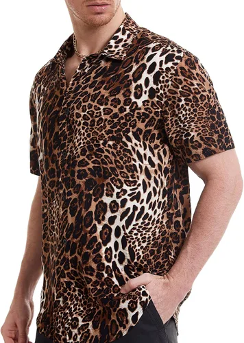 Vista 2 de Camisas de discoteca con estampado de leopardo para hombre, camisa casual de manga corta con botones