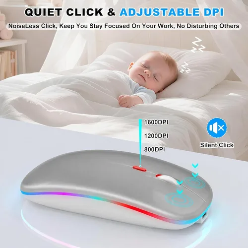 Vista 3 de Ratón inalámbrico LED Bluetooth para MacBook Air iPad Pro PC, mouse de computadora RGB recargable delgado con modo Jiggler, 3 modos BT 5.2 y 2.4G