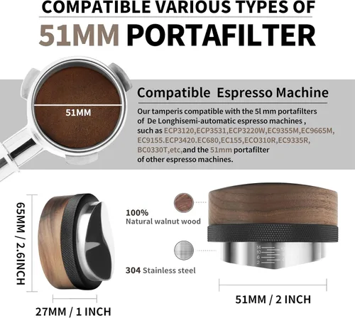 Vista 4 de Distribuidor de Café de 51 mm, Herramienta de Distribución de Espresso, Distribuidor de Espresso de Profundidad Ajustable para Todos