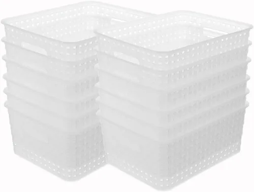 Vista 8 de Cestas de almacenamiento tejidas de plástico negro, paquete de 6 cestas de tejido organizador para cocina, oficina, baño