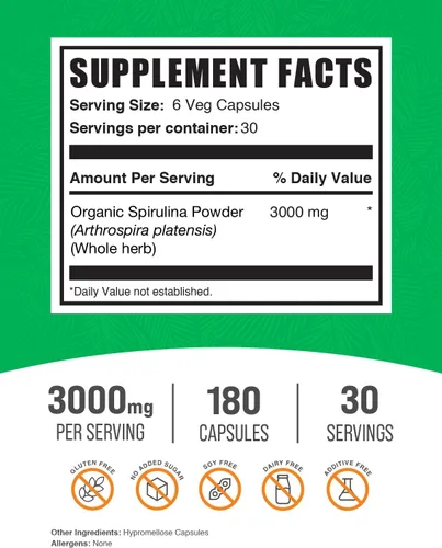 Vista 2 de BulkSupplements. Com Cápsulas de espirulina – Suplemento superalimenticio verde, suplemento de espirulina – Vegano, 6 cápsulas por porción, 180