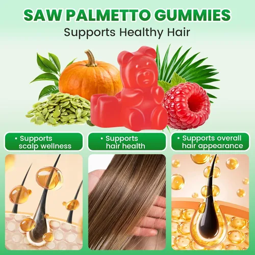 Vista 5 de Gomitas Saw Palmetto de 200 mg para hombres y mujeres, gomitas de aceite de semillas de calabaza con suplemento de palma enana americana para apoyo