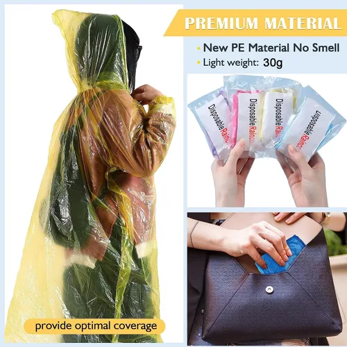 Vista 2 de Paquete de 12 ponchos de lluvia transparentes con capucha para adultos, familia, 3 colores, impermeables de emergencia de 51.1 pulgadas