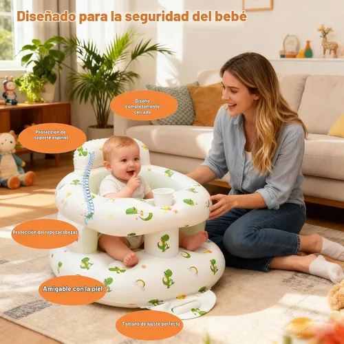 Vista 5 de EXBEPE - Asiento de bebé inflable grueso con parachoques delantero Blanco con patrón de dinosaurio verde