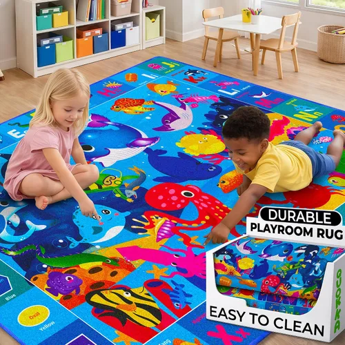 Vista 12 de QUOKKA Alfombra de aula para niños, alfombra ABC de 79 x 60 para sala de juegos, alfombra de aprendizaje del alfabeto para dormitorio, alfombra