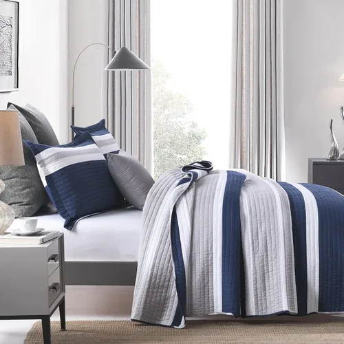 Vista 2 de Finlonte Juego de ropa de cama ligera de verano 100% algodón, a rayas azul marino, para todas las estaciones, 3 piezas