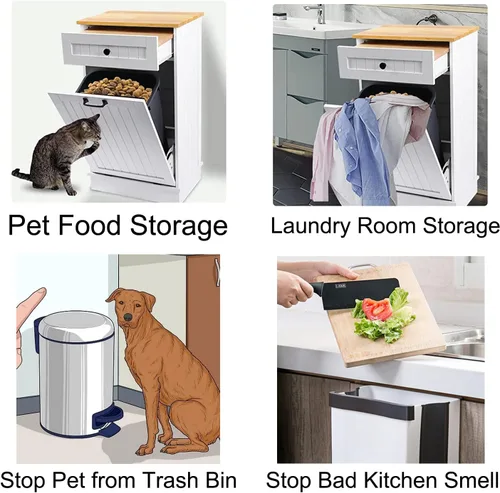 Vista 6 de Gitua - Gabinete de basura basculante independiente, gabinete de cocina a prueba de mascotas con cesta de lavandería y tabla de cortar, estación