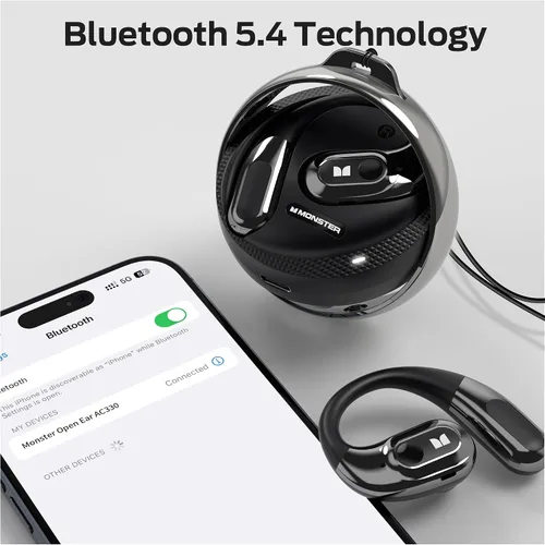 Vista 6 de Monster Audífonos de oreja abierta AC330, auriculares inalámbricos Bluetooth 5.4 con conversación clara, elegante funda giratoria con cordón, carga