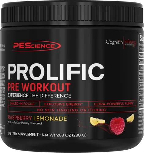 Vista 10 de PEScience - Suplemento energético Prolific en polvo con óxido nítrico para el pre entrenamiento, 40 cucharadas Energía y bomba, L citrulina