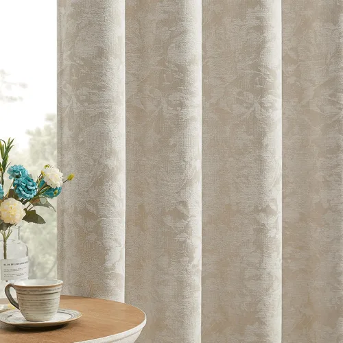 Vista 15 de Beauoop - Cortinas opacas beige con diseño floral jacquard, 2 paneles, para dormitorio/sala, de felpilla, gris pardo, aislantes y a prueba de ruido