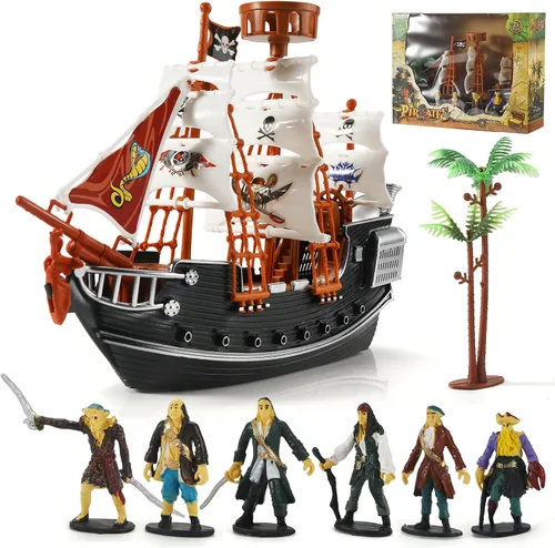 Vista 7 de Figuras de acción pirata, juego de barco pirata, juguetes de simulación de barco pirata con 6 figuras de acción y árbol, juguete de juego