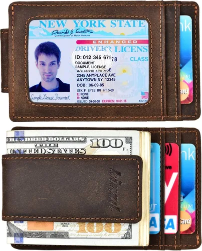 Vista 6 de Clip para dinero cartera de bolsillo frontal cartera delgada de cuero con bloqueo RFID fuerte imán Cartera RFID