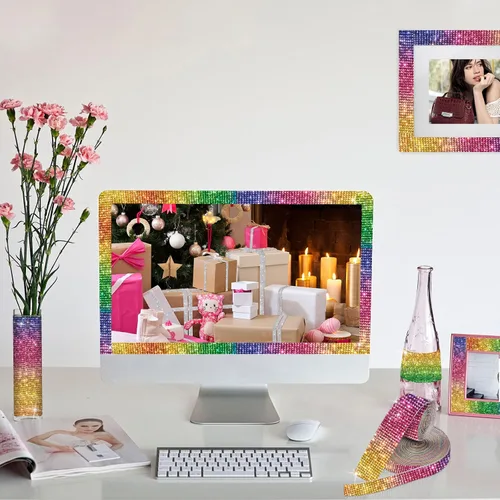 Vista 4 de 3 rollos de 9 yardas de cinta de diamantes de imitación de cristal autoadhesiva de colores y arco iris, rollo de calcomanías de diamantes brillantes