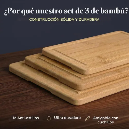 Vista 4 de Deer & Oak Juego de tablas de cortar de bambú de 3 piezas, tablas de cortar de madera previamente engrasadas para cocinas de 13.0 x 9.4 in, 11.0 x