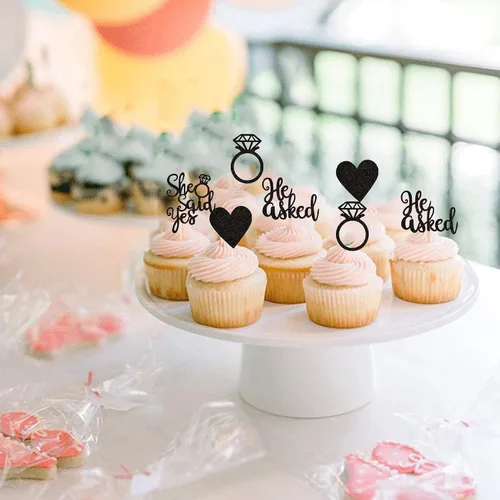Vista 6 de 24 piezas de adornos para cupcakes con anillo de corazón con purpurina para despedida de soltera, boda, compromiso, despedida de soltera, despedida