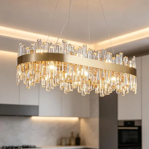 Vista 22 de Siljoy - Candelabro de cristal moderno, 12 luces, lujoso, redondo, de 2 niveles, con cristal K9 en forma de gota de lluvia, lámpara colgante de Oro