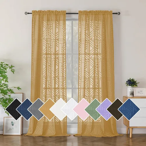 Vista 14 de Simplebrand Cortinas traslúcidas negras de cocina de 24 pulgadas de largo, 2 paneles, filtrado de luz, geométrico jacquard con textura, cortinas