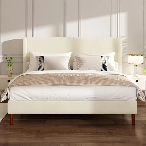 Vista 12 de Base de cama matrimonial, plataforma tapizada Boucle con cabecera con respaldo de alas, fuerte soporte de listones de madera, base de colchón sin