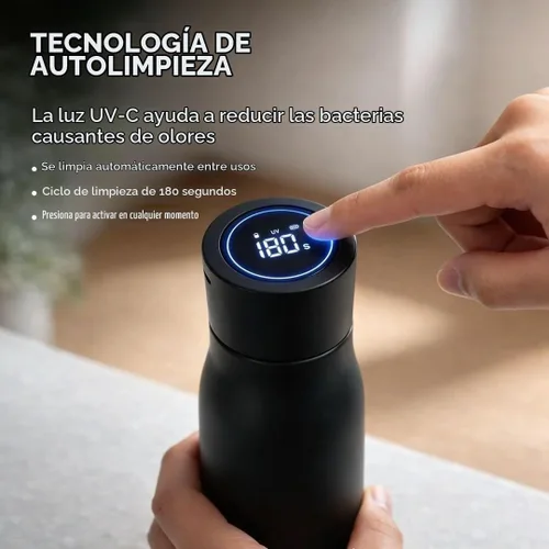 Vista 3 de AquaSync - Botella de agua inteligente autolimpiante de 17 onzas de acero inoxidable aislado al vacío con tecnología de luz UV-C pantalla