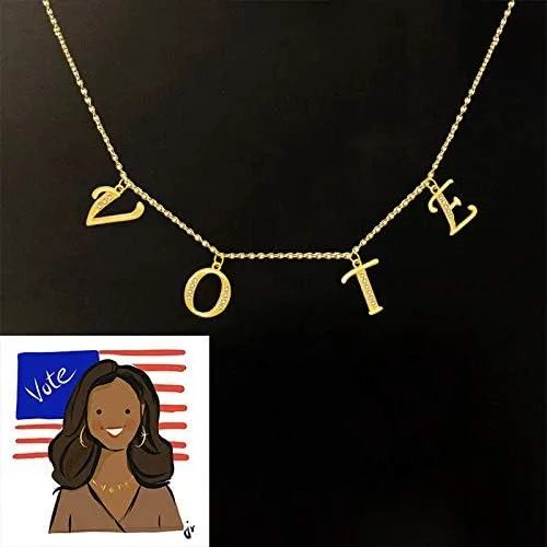 Vista 6 de Collar largo tiantian voto, chapado en oro de 14 quilates personalizado Michelle Obama carta votante collar para mujeres y niñas