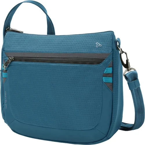 Vista 5 de Travelon Bandolera mediana activa antirrobo, Color verde azulado., 12.25 x 11.25 x 3.75, Bandolera mediana activa antirrobo