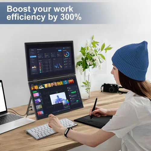 Vista 5 de InnoView Monitor portátil dual FHD de 15.6 pulgadas Diseño plegable y apilable todo en uno Ajuste de pantalla de 315° y soporte de 180°