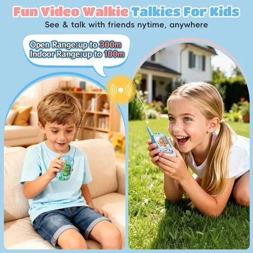Vista 2 de Walkie Talkies de video para niños, paquete de 2 walkie talkies para niños con bonita cubierta de silicona, cambiador de voz, rango de 1000 pies