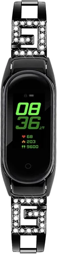 Vista 2 de Mi Band 4 Correa de fitness, pulsera de acero inoxidable con diamantes de imitación para mujer, elegante correa de repuesto delgada, ajustable Negro