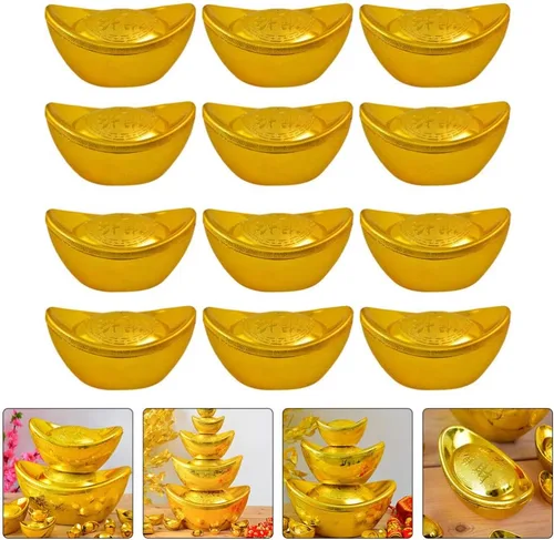 Vista 3 de Estatua china de Feng Shui Yuan Bao, 12 unidades, tono dorado, dinero de la suerte para la suerte, decoración de escritorio, tamaño S, Feng Shui