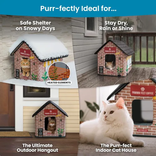 Vista 4 de Casa climatizada de lujo para gatos para invierno - Resistente a la intemperie, aislada, fácil montaje, almohadilla térmica para gatos, puertas