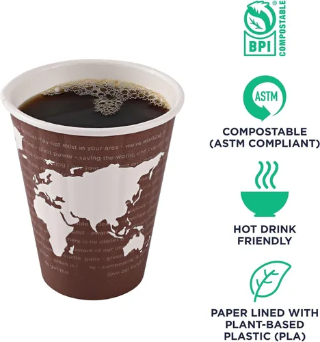Vista 4 de ECO PRODUCTS Tazas de café desechables aisladas compostables World Art 8 onzas, paquete de 40, vaso de papel caliente renovable de doble pared