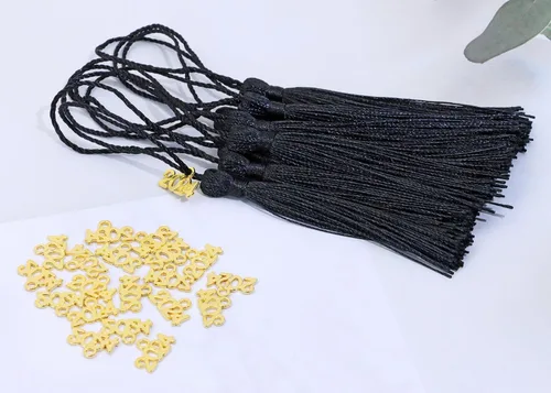 Vista 4 de Tupalizy 30 mini borlas sedosas hechas a mano con 60 dijes del año 2024 para graduación, llavero, aretes, joyería, regalos de boda, recuerdos