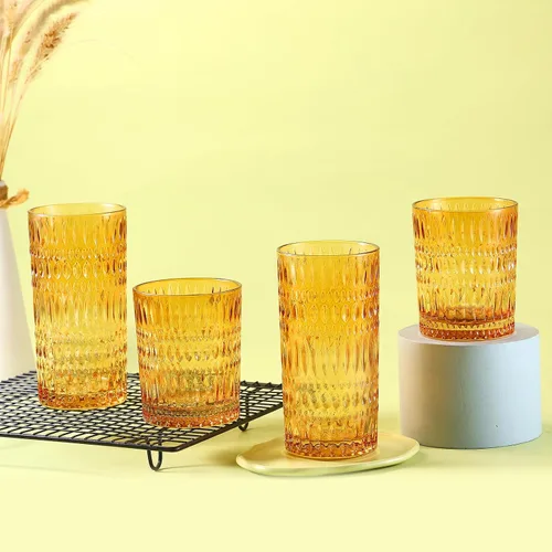 Vista 6 de Loivttvv Glassware - Juego de 8 vasos altos de 14 onzas y vasos de vidrio acanalado de 10 onzas, cristalería vintage para agua, jugo, cóctel