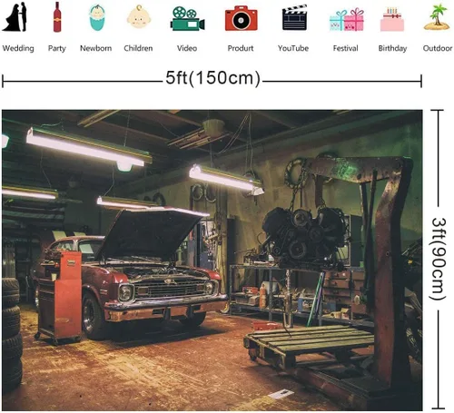 Vista 2 de Fondos de garaje antiguos para fotografía de 5 x 3 pies, fondos de reparación de automóviles temáticos para fiesta de fotos y accesorios de estudio