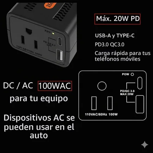 Vista 4 de HearGrow - Inversor de corriente de 100 W para vehículo: adaptador de cargador directo de encendedor de cigarrillos sin ventilador, negro