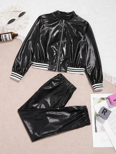 Vista 5 de TiaoBug Disfraz de baile de jazz hip hop para niños y niñas, brillante, metálico, manga larga, chaqueta bomber y pantalones deportivos