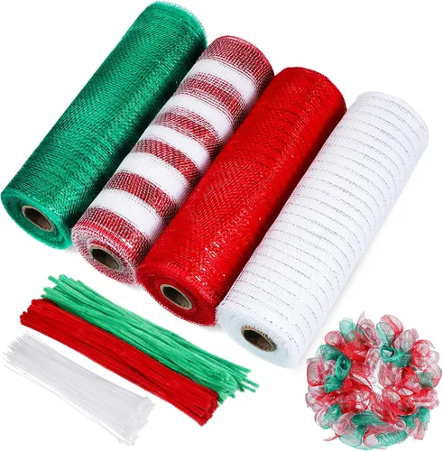 Vista 8 de Funtery 4 Rollos de 40 Yardas de Cinta de Malla Decorativa de Navidad, Cinta de Malla Decorativa con Tallo de Chenilla y Abrazaderas de Plástico