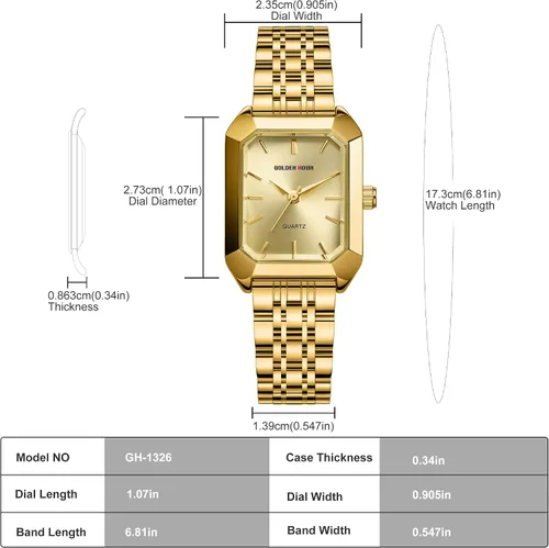 Vista 4 de GOLDEN HOUR Reloj rectangular de cuarzo para mujer, correa de acero inoxidable en tono dorado