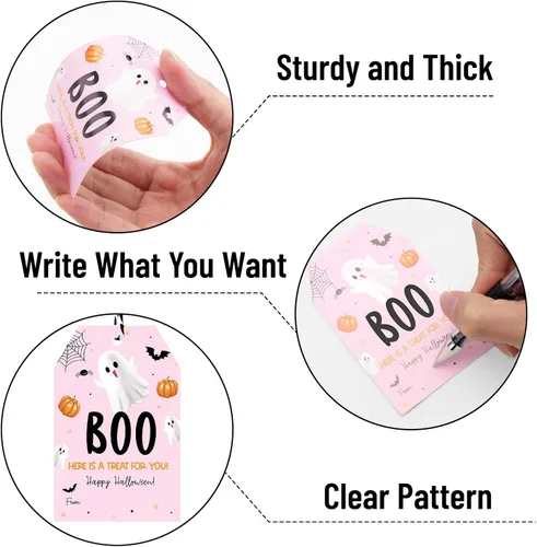 Vista 3 de jijAcraft Etiquetas de Halloween con cuerda, 50 etiquetas de regalo de papel de feliz Halloween, 3.3 x 2.1 pulgadas, diseño de fantasma rosa, un