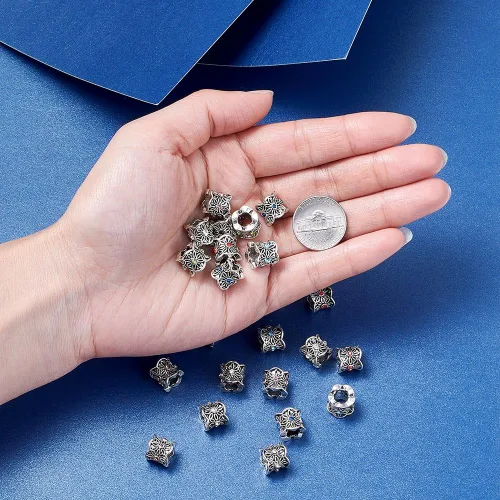 Vista 5 de Beadthoven 50 unidades de 0.354 x 0.394 in de aleación de metal espaciadores estilo tibetano flor chapado en plata antigua con diamantes