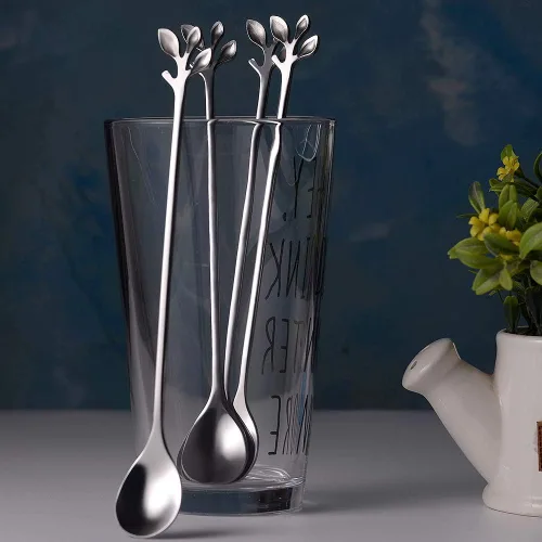 Vista 5 de AnSaw 10 cucharaditas de mango largo de 7.4 pulgadas, diseño de hoja plateada para cucharas de café y té, elegantes cucharas de acero inoxidable