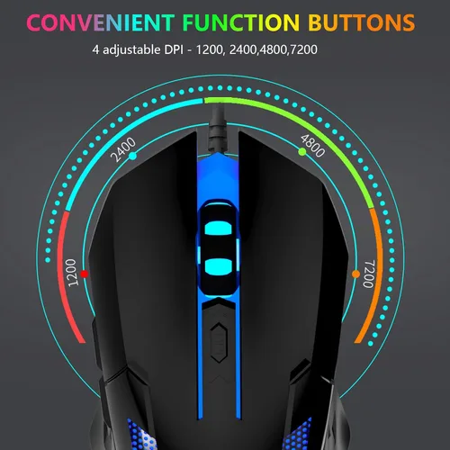 Vista 5 de FUWANG Ratón para juegos con cable, mouse USB para computadora con retroiluminación RGB, sensor óptico de 7200 DPI, mouse ergonómico para gamer