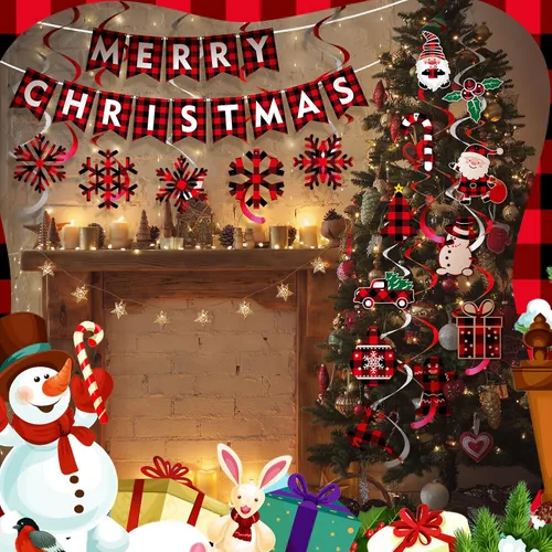 Vista 5 de Epakh 34 piezas de remolinos colgantes de Navidad, espirales colgantes de Navidad, remolinos de búfalo a cuadros, pancarta de Navidad para colgar