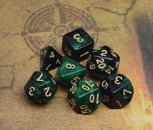 Vista 4 de Juego de dados poliédricos DND con brillo para juegos de rol de mazmorras y dragones (D&D) RPG, dados verdes mezclados con nebulosa negra