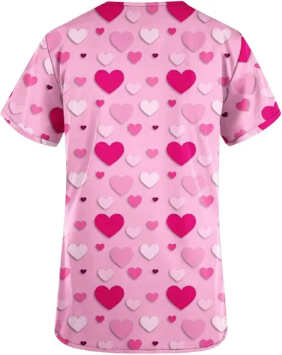 Vista 4 de Valentine's Day Scrub_Tops Women Heart Printed Top Short Sleeve V Neck Working Uniforms with Pockets