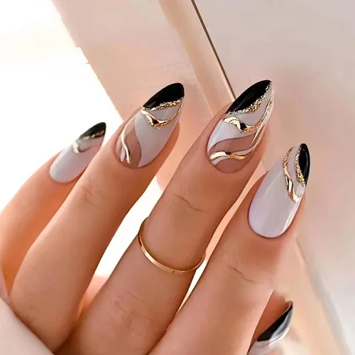 Vista 10 de Uñas postizas cortas francesas en forma de almendra con diseño de línea dorada y estampado de leopardo, uñas artificiales acrílicas de cobertura